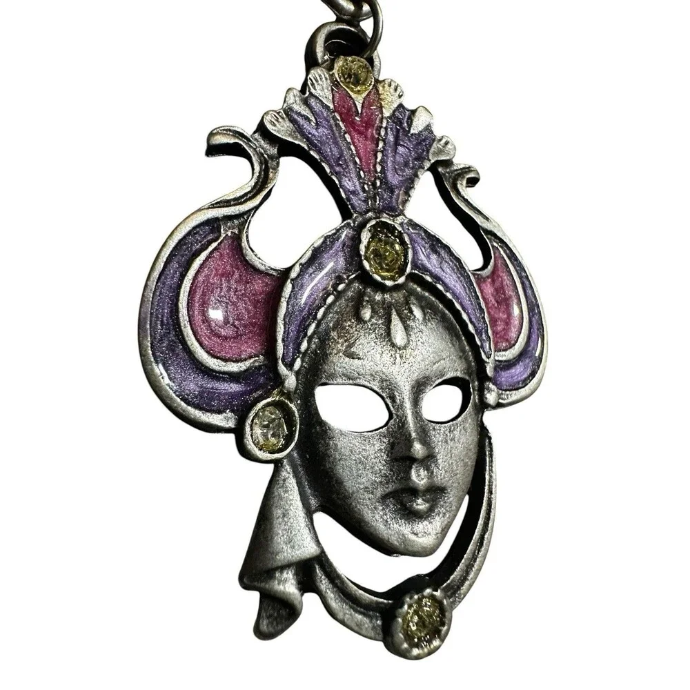 Italy METAL keychain Or Bag Charm CARNIVAL MASK Purple/Pink, Rhinestones